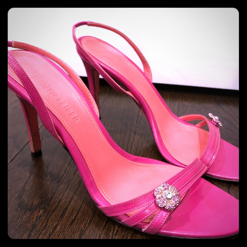 Judith Lieber Pink leather jeweled heels 8.5